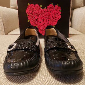 Brighton Mesa Loafer.  Black with metal trim. Croc Detail on toe, braided trim.